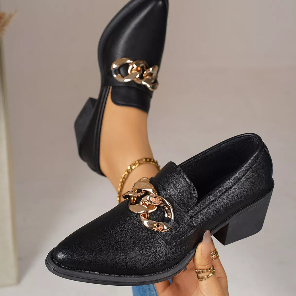 Point Toe Block Heels Loafers - F35 Black - View 8
