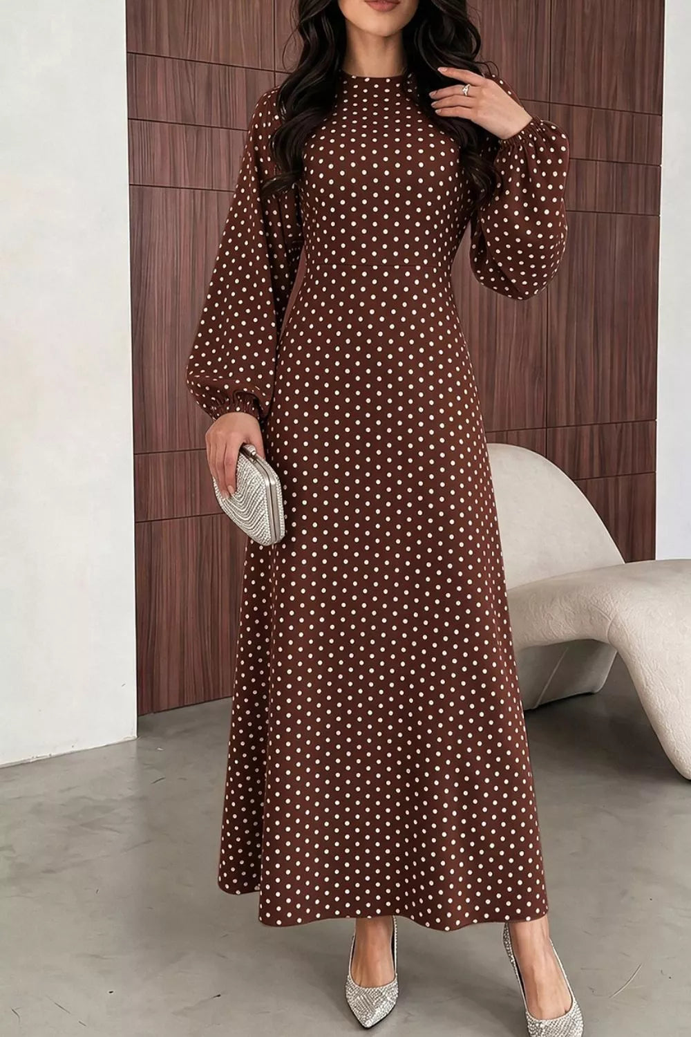 Polka Dot Long Sleeve Maxi Dress - Black - View 6
