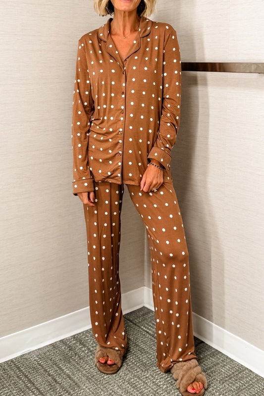 Brown Polka Dot Print Long Sleeve Shirt Pant 2pcs Pajama Set - Brown - 1