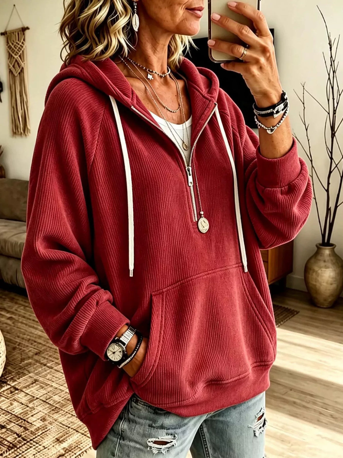 Ribbed Knit Quarter-Zip Hoodie with Kangaroo Pocket - Deep Red - View 1