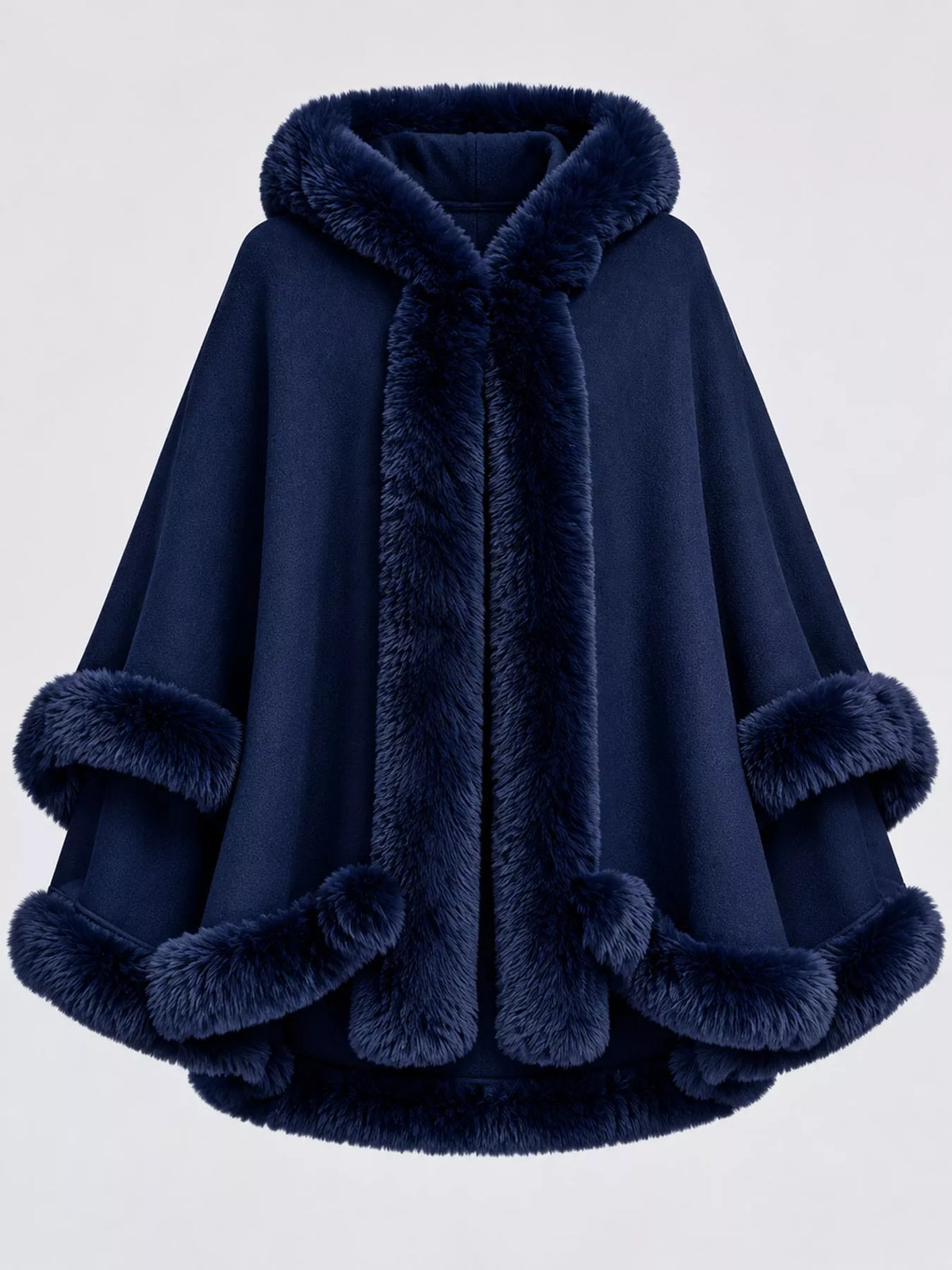 Faux Fur Trimmed Hooded Cape - Navy - View 62