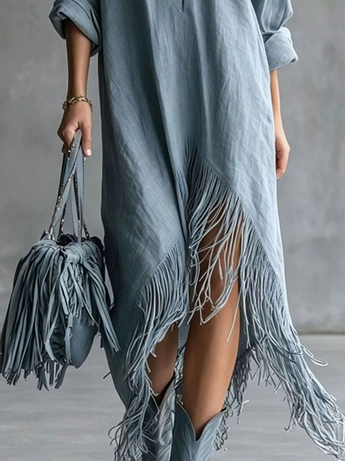 Zipper-Front Fringe Hem Midi Dress - Dusty Blue - View 3