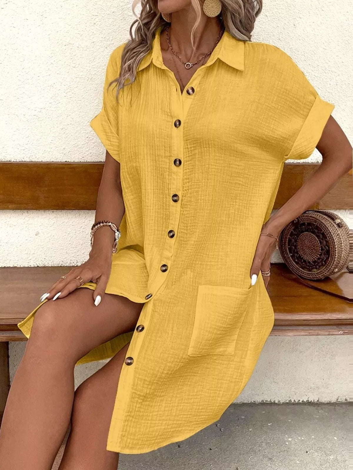 Full Size Button-Down Textured Shirt Dress with Pockets Plus Size - Yellow - View 10