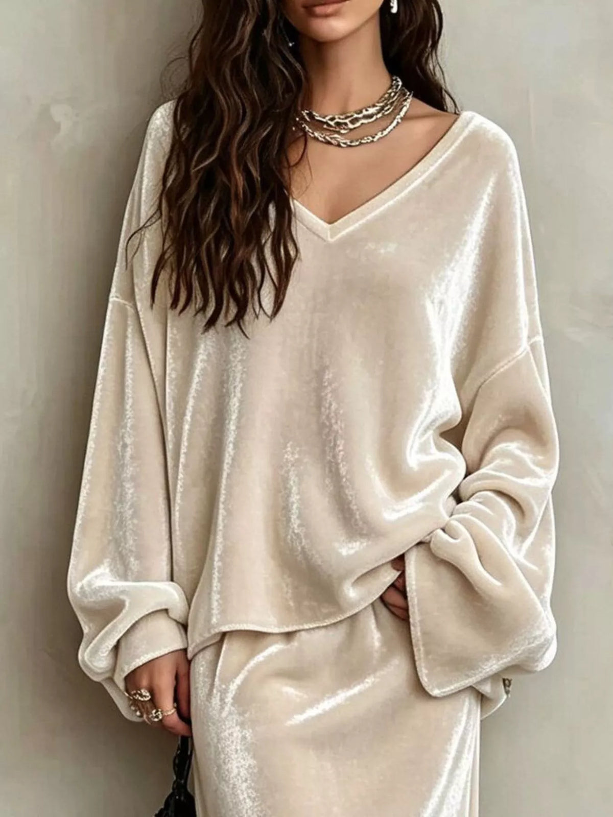 V-Neck Velvet Long Sleeve Top and Maxi Skirt Two-Piece Set - Beige - View 2