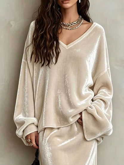 V-Neck Velvet Long Sleeve Top and Maxi Skirt Two-Piece Set - Beige - View 2