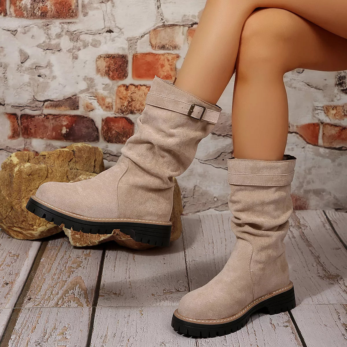Buckle Accent Slouch Boots - Beige - View 7