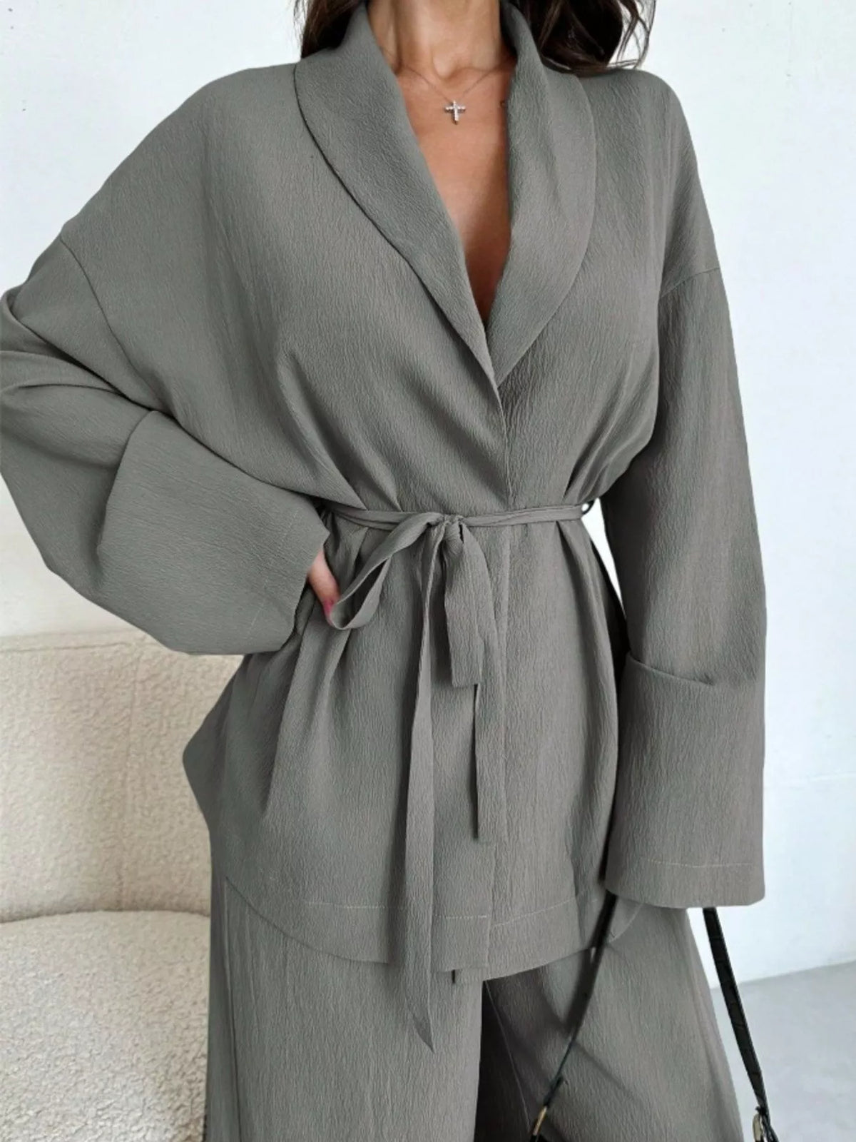 Front Tied Shirt and Wide-Leg Pants Set - Gray - View 19