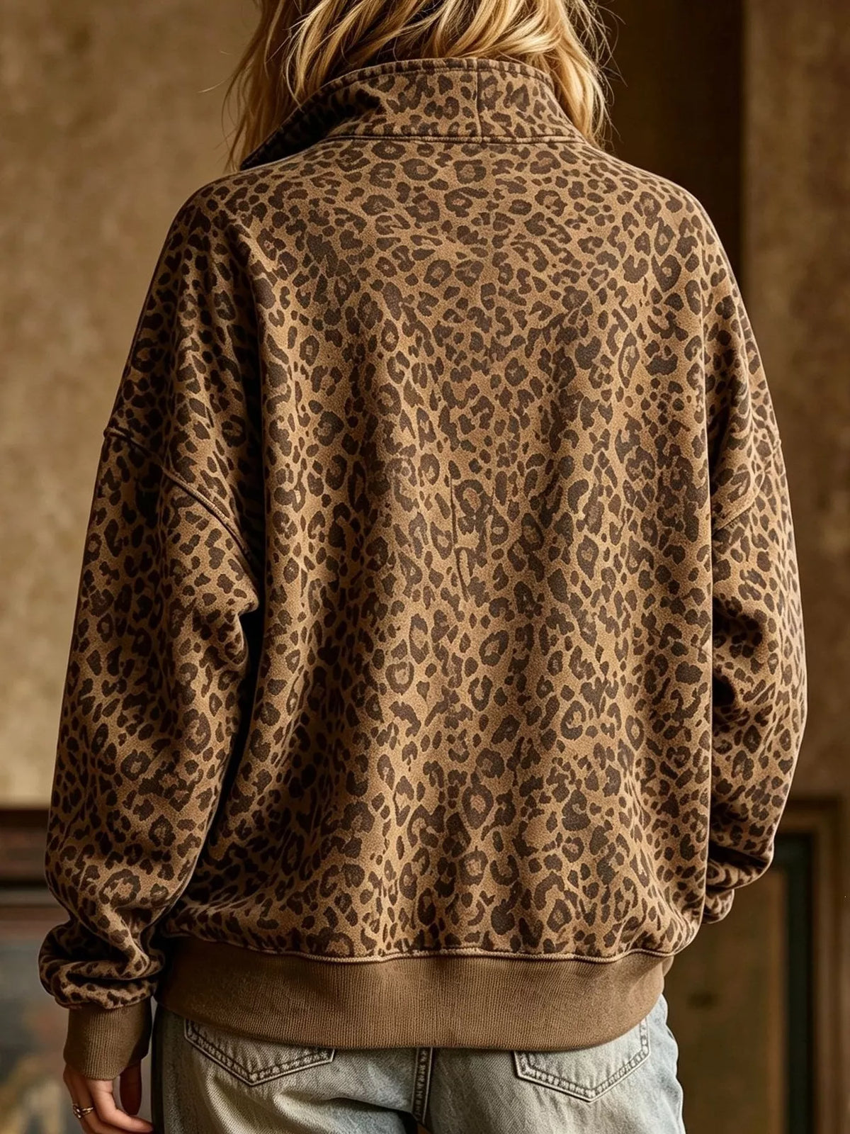 Leopard Half Zip Oversized Sweatshirt - Coffee Brown - View 3