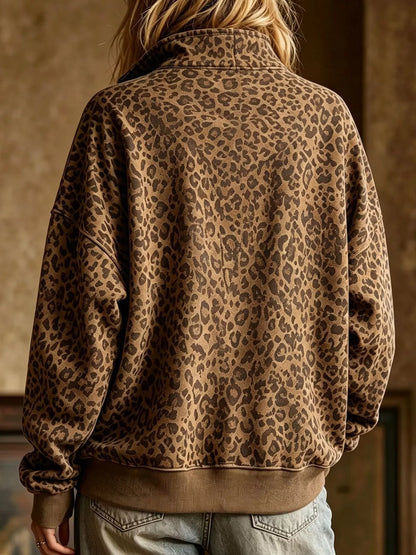Leopard Half Zip Oversized Sweatshirt - Coffee Brown - View 3