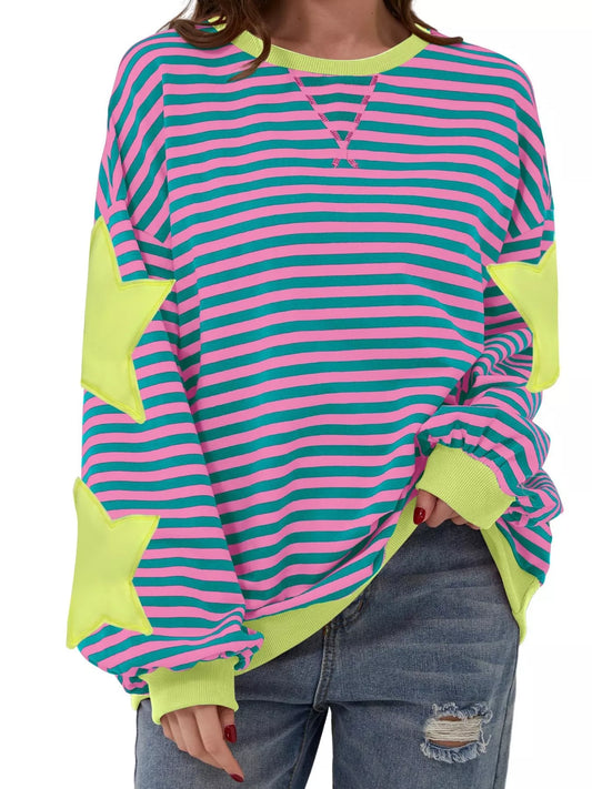 Full Size Star Patch Striped Oversized Sweatshirt Plus Size - Pink - View 1