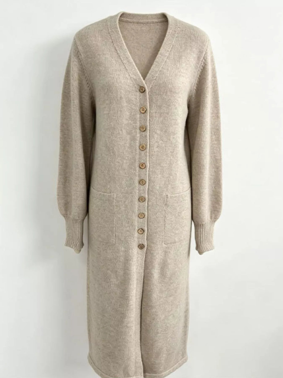 Button Front Long Sleeve Sweater Dress - Light Gray - View 6