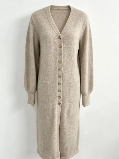 Button Front Long Sleeve Sweater Dress - Light Gray - View 6