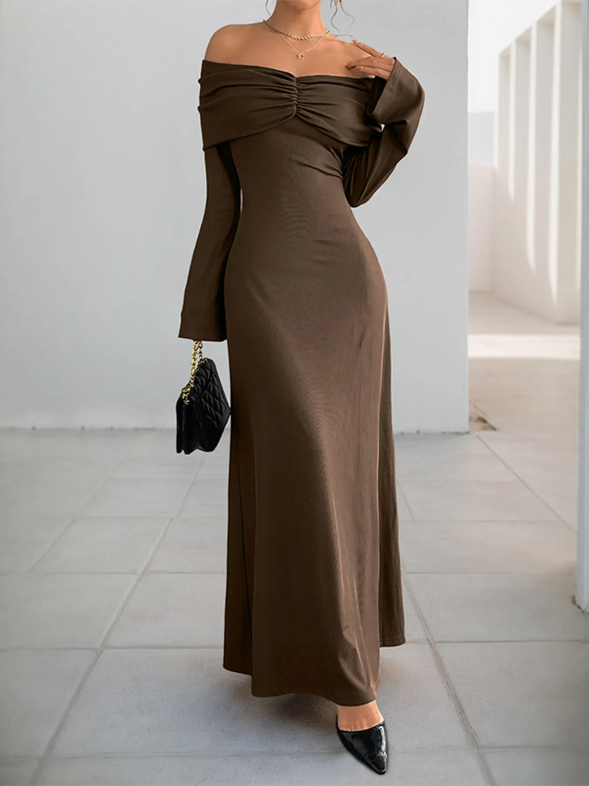 Off-Shoulder Long Sleeve Bodycon Maxi Dress - Coffee Brown - View 1