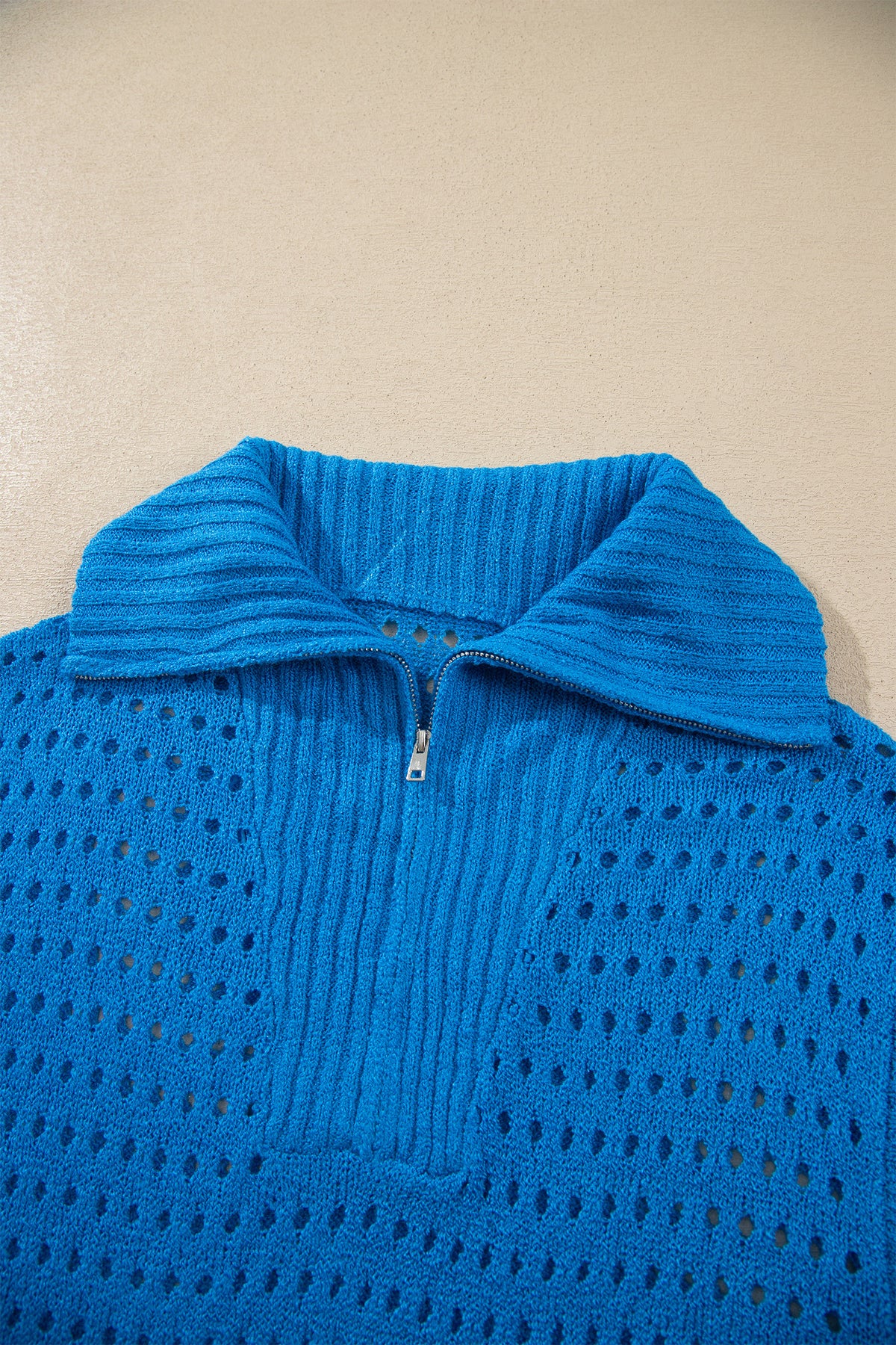 Sky Blue Cutout Knit Zip-Collar Top - Sky Blue - View 14