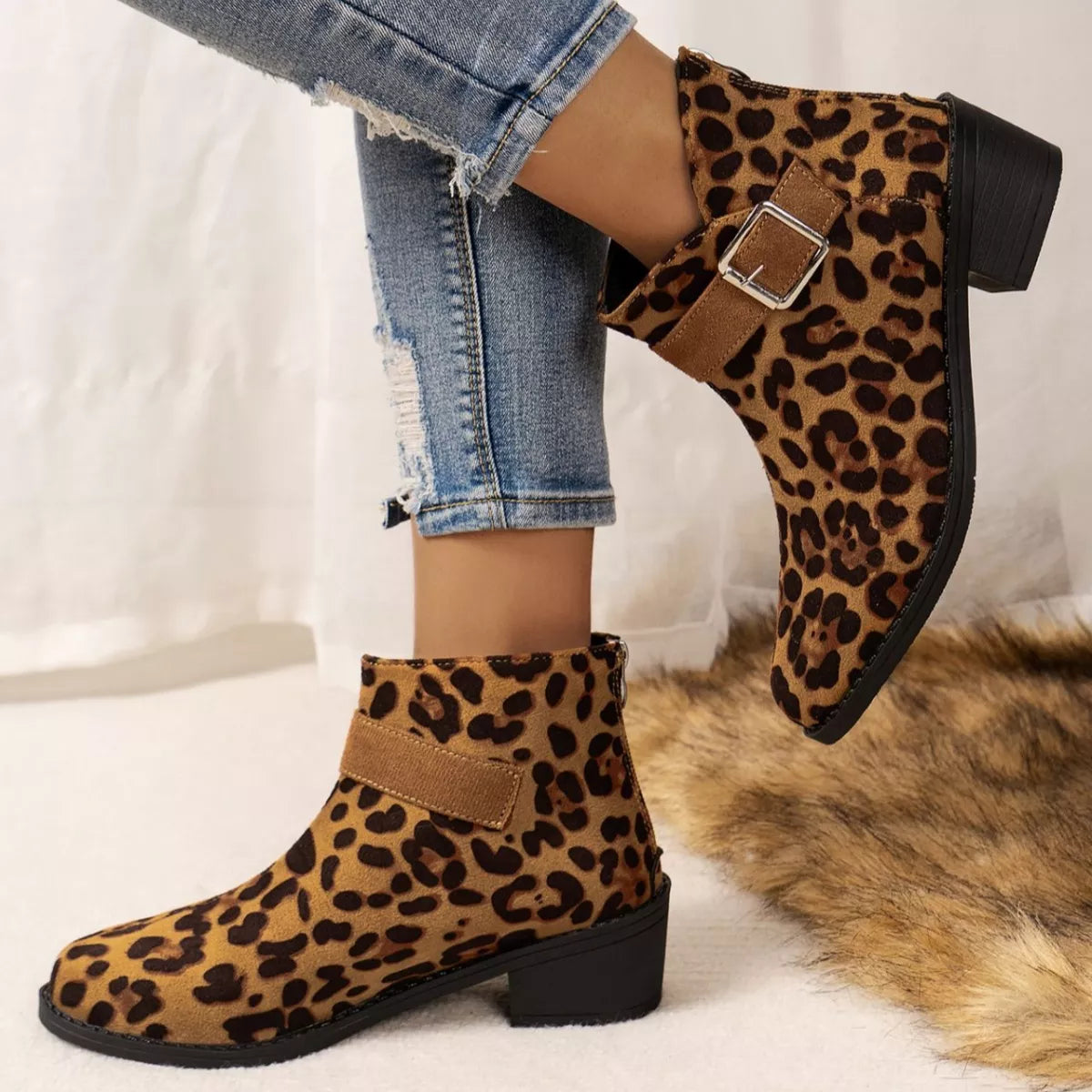Point Toe Block Heels Boots - Leopard Print - View 3