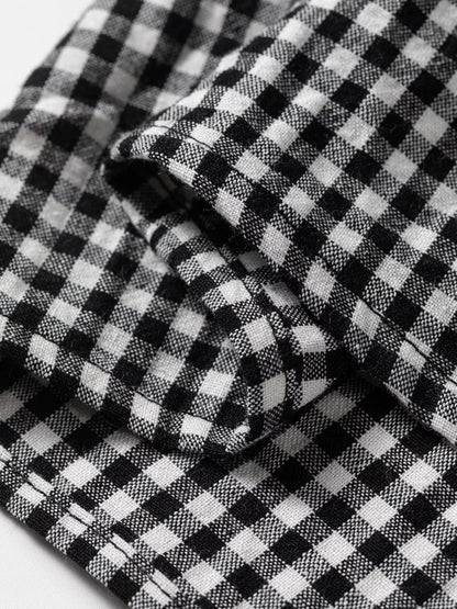 Plaid Shirred Cuff Long Sleeve Round Neck Blouse - Black - View 12