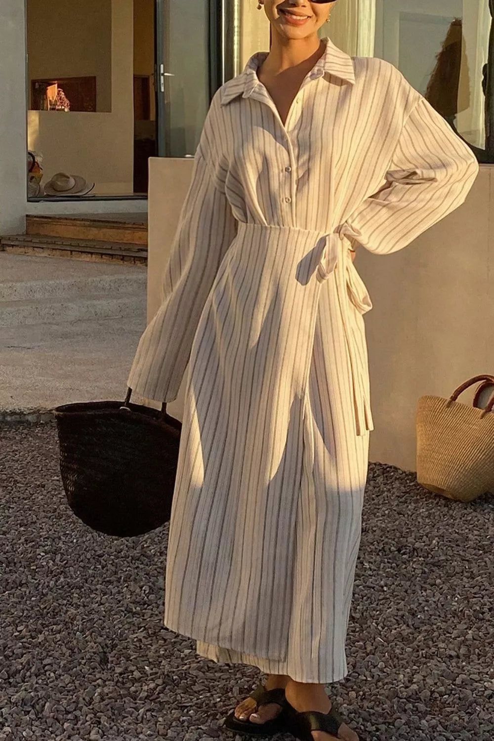 Striped Button-Down Shirt Dress with Waist Tie - White - View 4