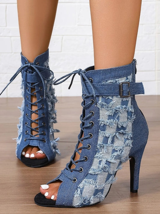 Distressed Denim Lace-Up Peep Toe Ankle Boots - product photo 1