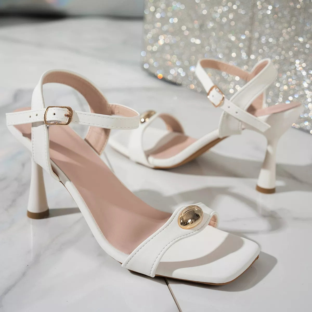 Open Toe Flare Heels Sandals - Gray/white - View 3