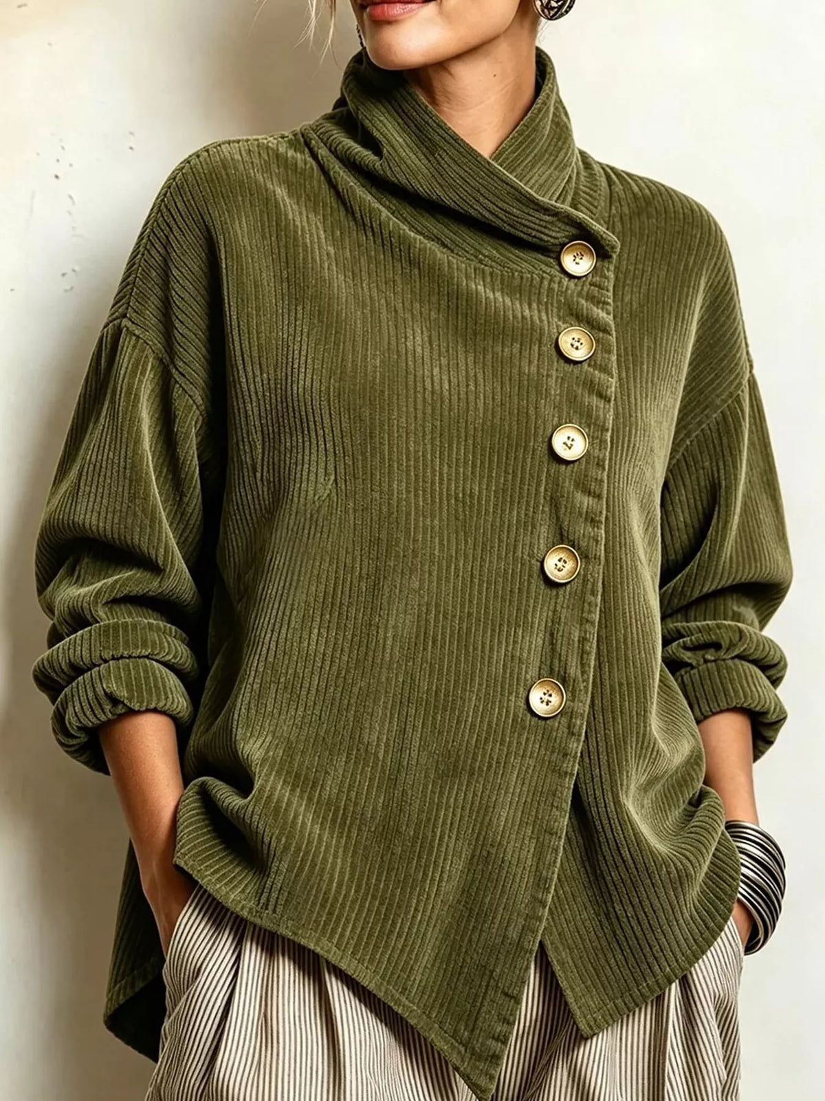 Full Size Asymmetric Button-Down Corduroy Jacket Plus Size