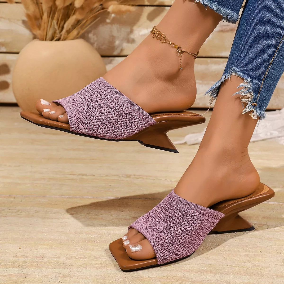 Open Toe Block Heels Sandals - Purple - View 5