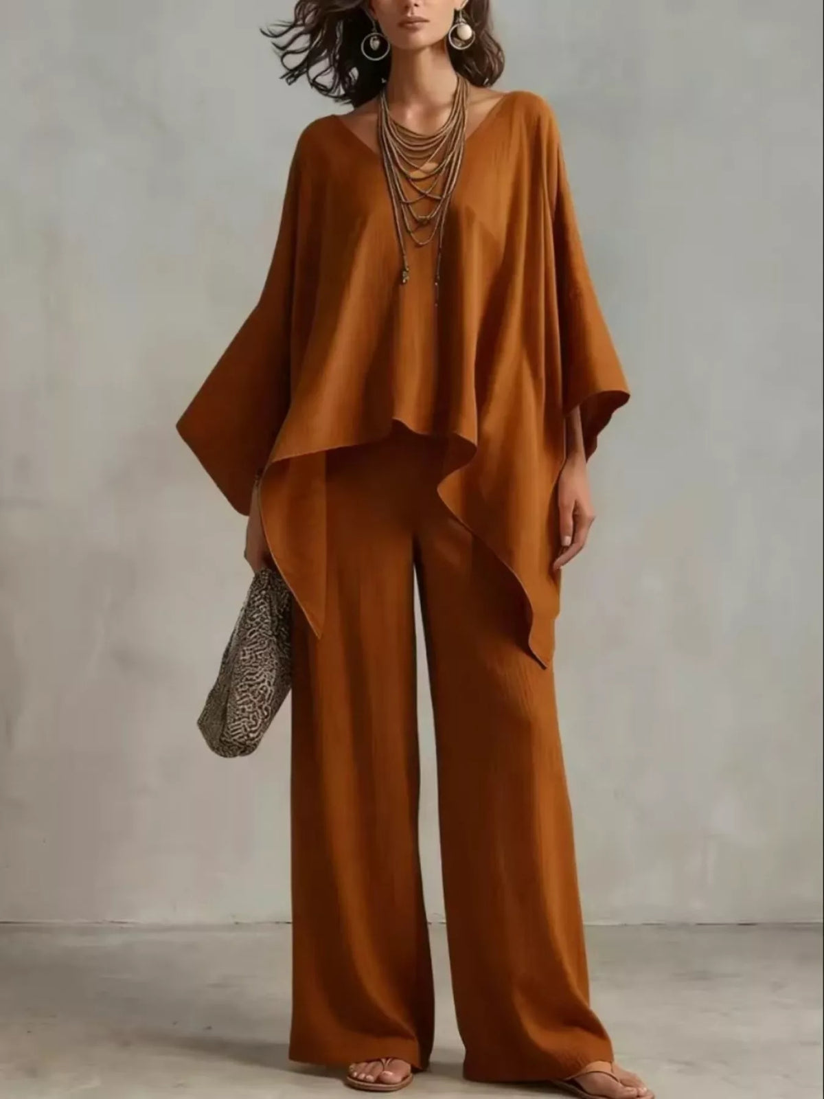 Loose Fit V-Neck Top and Pants Two-Piece Set - All Colors - View 1