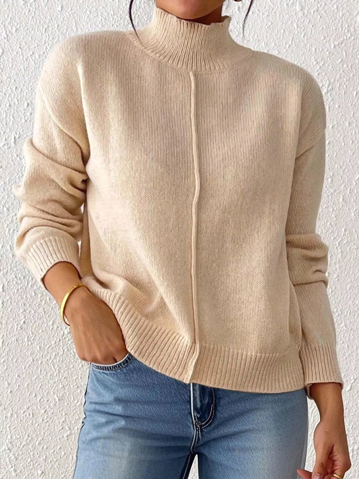 Center Seam Detail Turtleneck Sweater - Khaki - View 4
