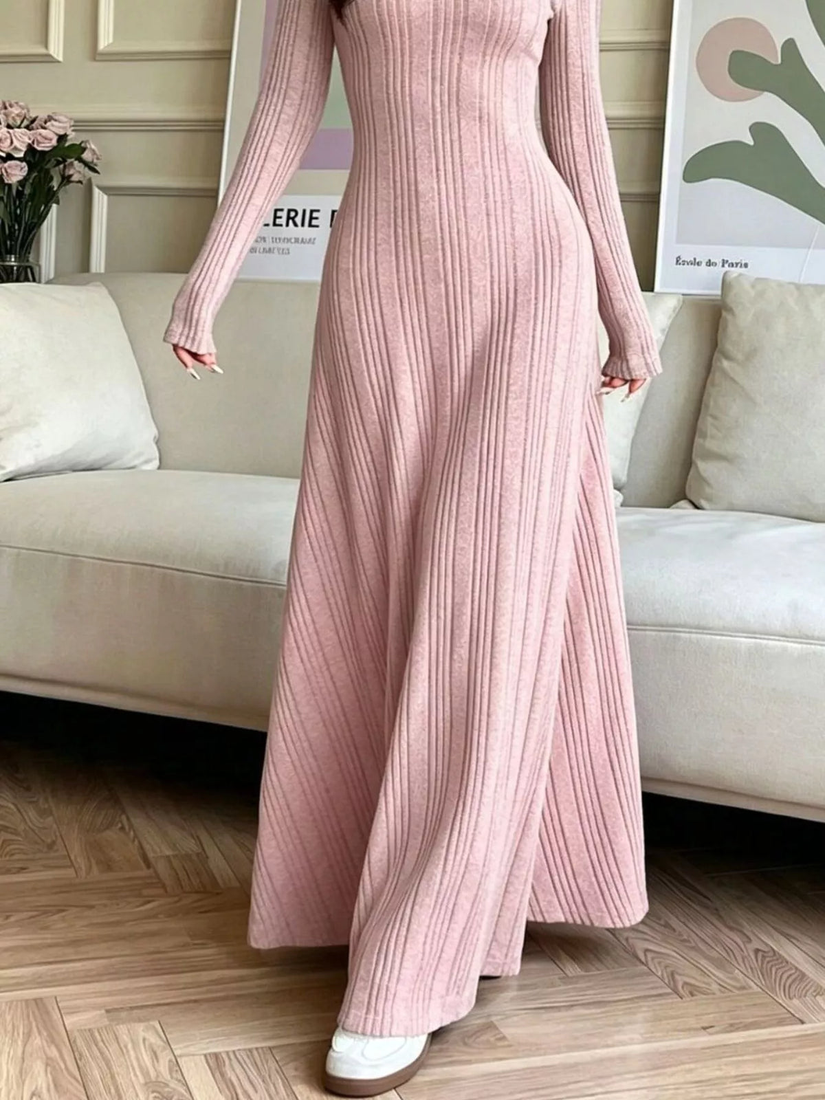 Long Sleeve Ribbed Knit Dress - Dusty Pink - View 3