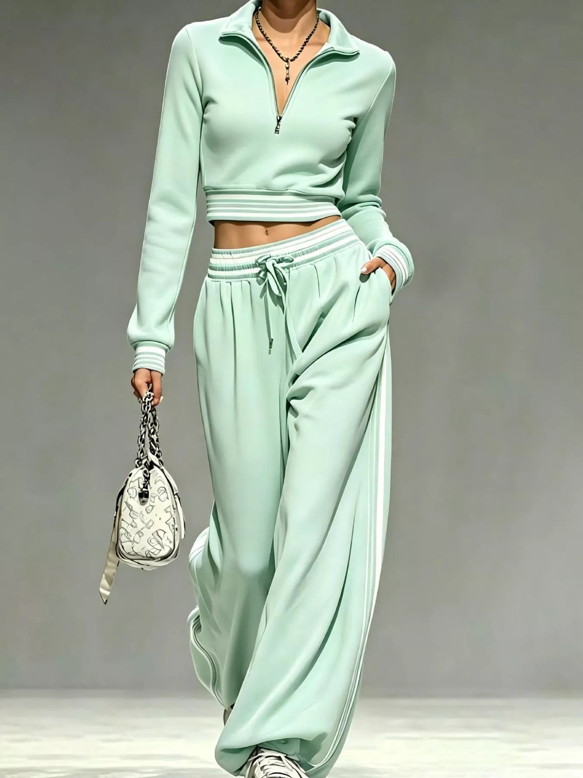 Full Size Half Zip Cropped Top and Pants Set Plus Size - Gum Leaf - View 1