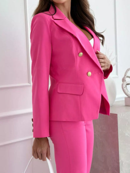 Double-Breasted Long Sleeve Blazer - Hot Pink - View 2