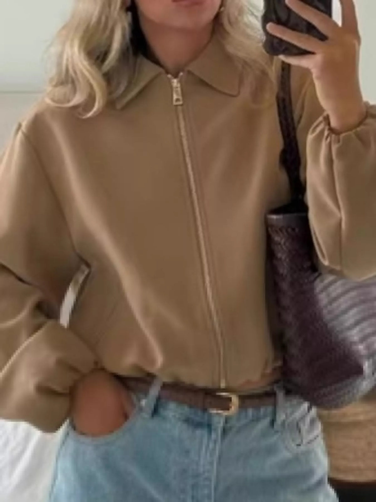 Cropped Zip-Up Jacket - Khaki - View 9