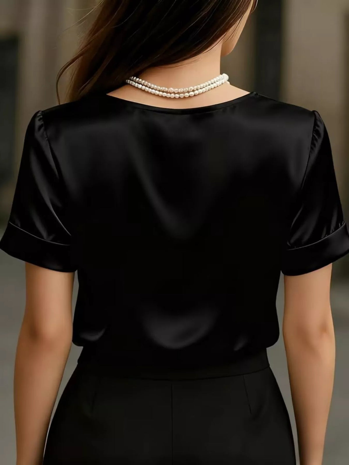 V-Neck Short Sleeve Satin Blouse - Black - View 8