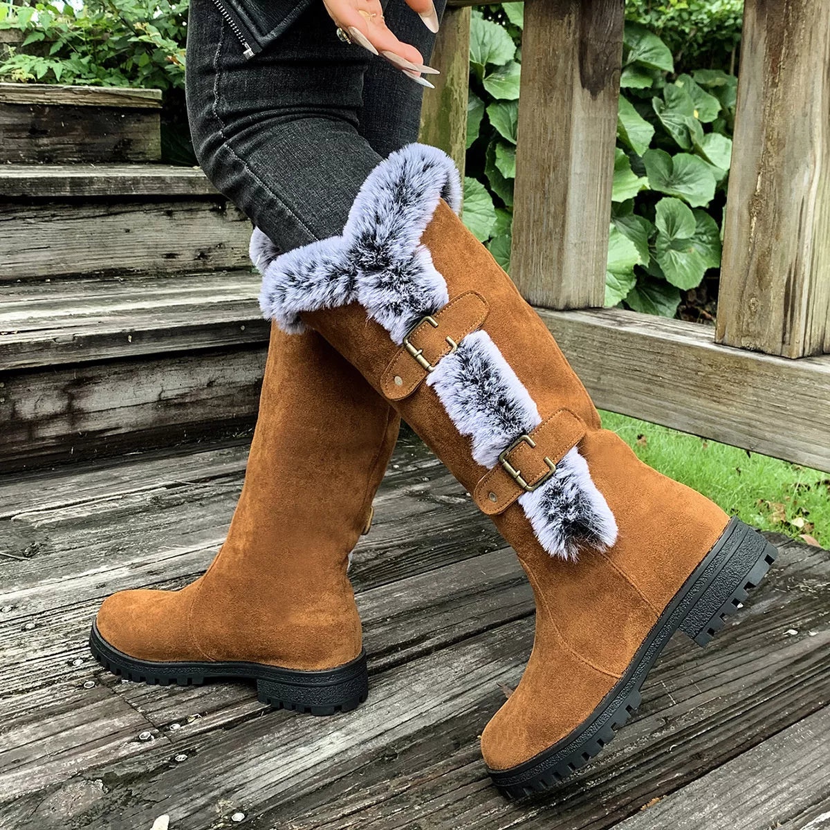 Round Toe Block Heels Boots - Tan - View 2