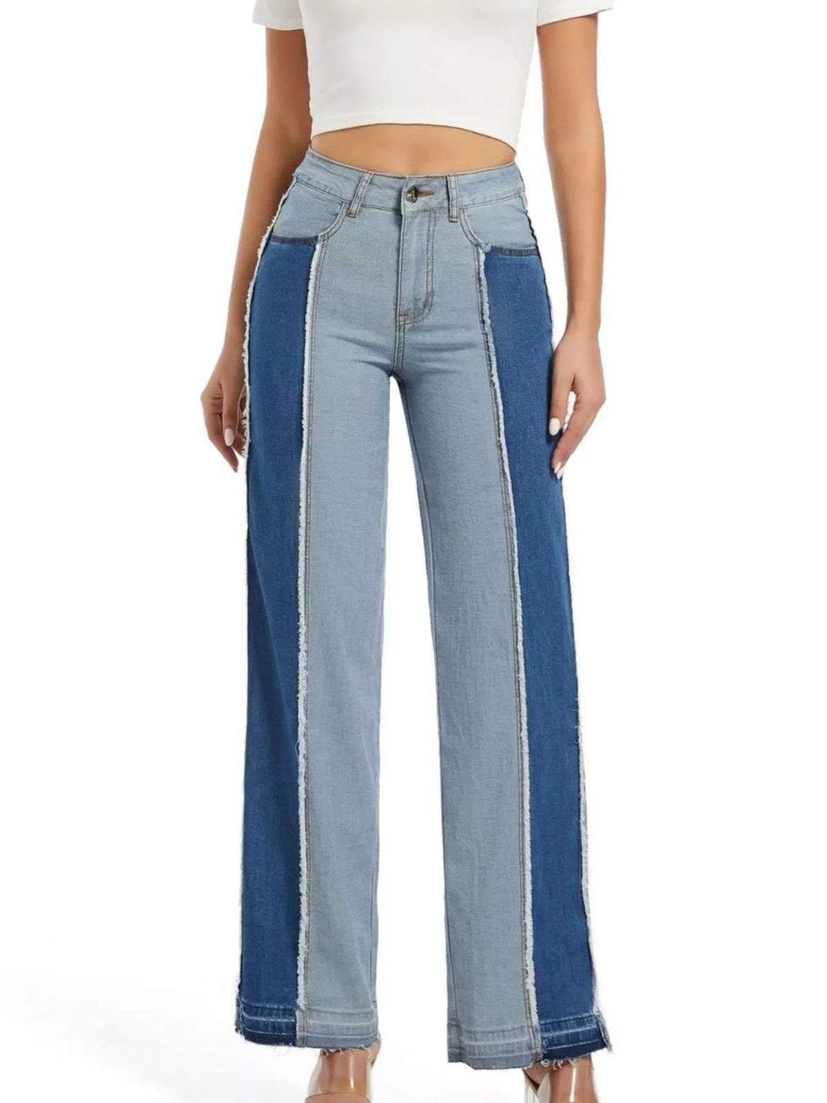 High-Waisted Two Tone Jeans - Blue - View 1