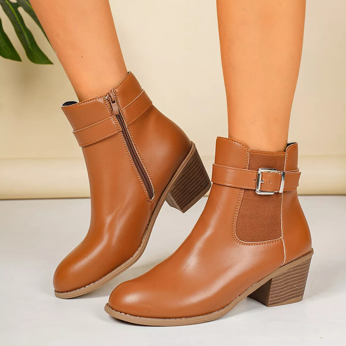 Point Toe Block Heels Boots - Dark Brown - View 2