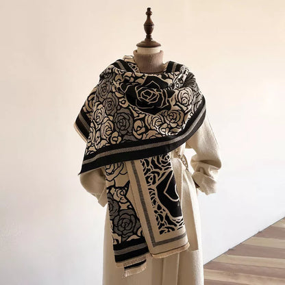 Rose Pattern Raw Hem Scarf - Black - View 1