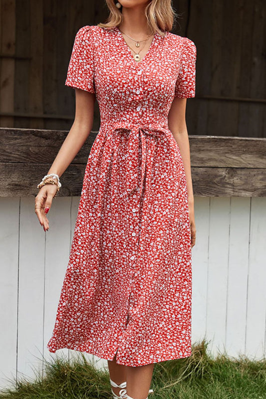 Perfee Ditsy Floral Button Front Tied Puff Sleeve Dress - Deep Red - View 1