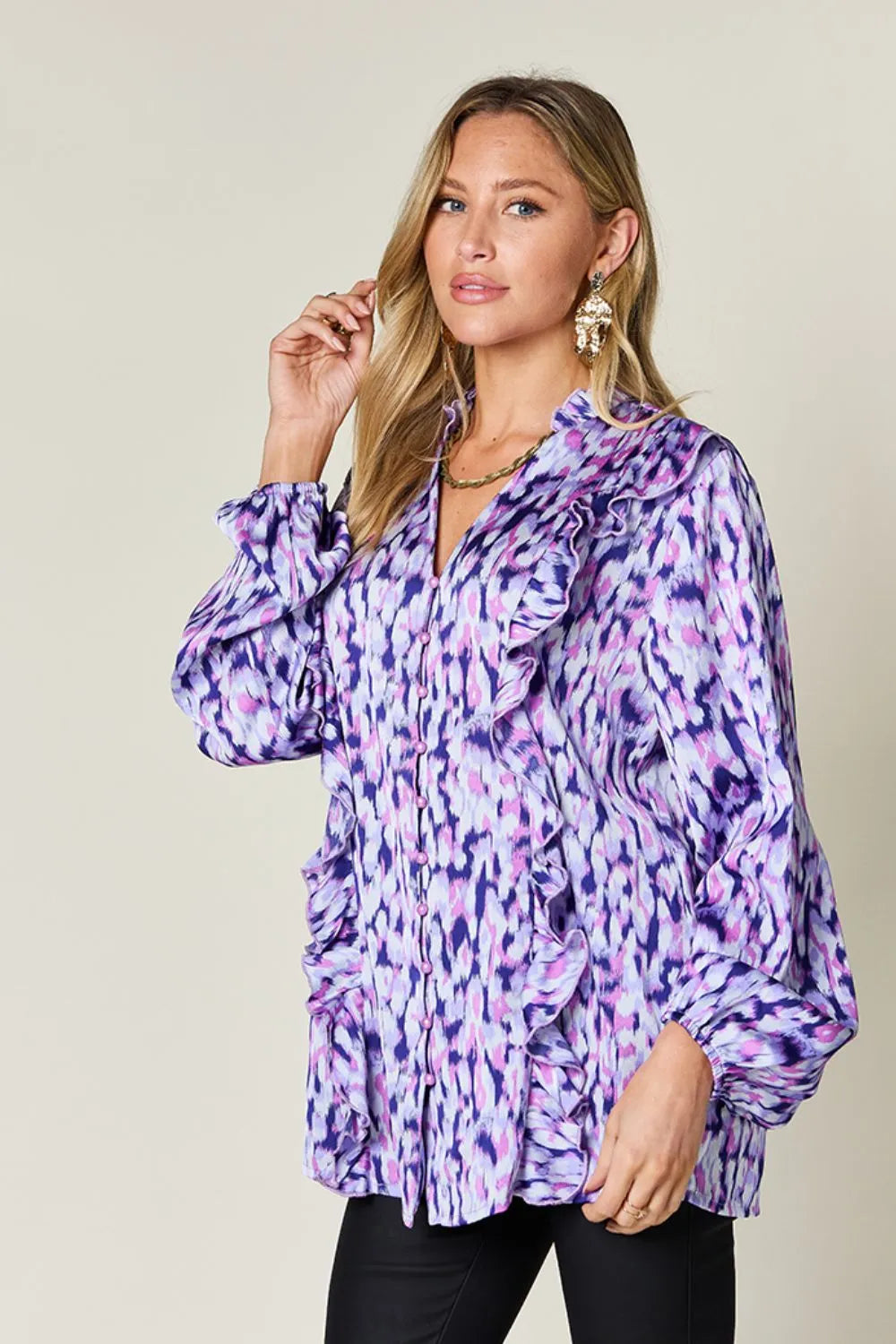 Double Take Full Size Printed Ruffle Trim Balloon Sleeve Shirt Plus Size - Blue Purple - View 2