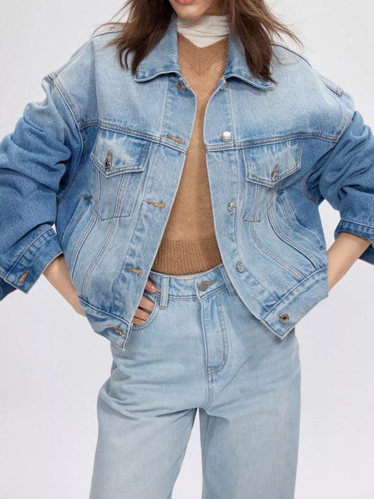 Button Up Dropped Shoulder Denim Jacket - Blue - View 2