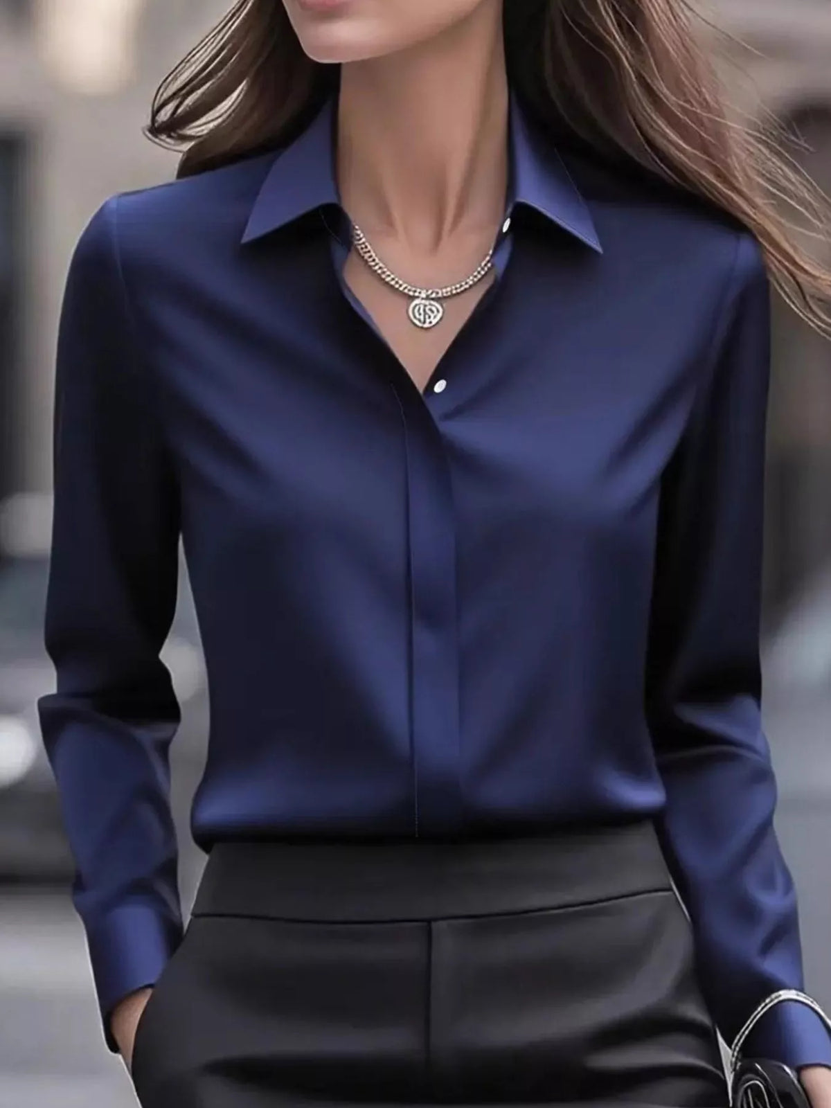 Button Down Collared Neck Long Sleeve Shirt - Dark Blue - View 7