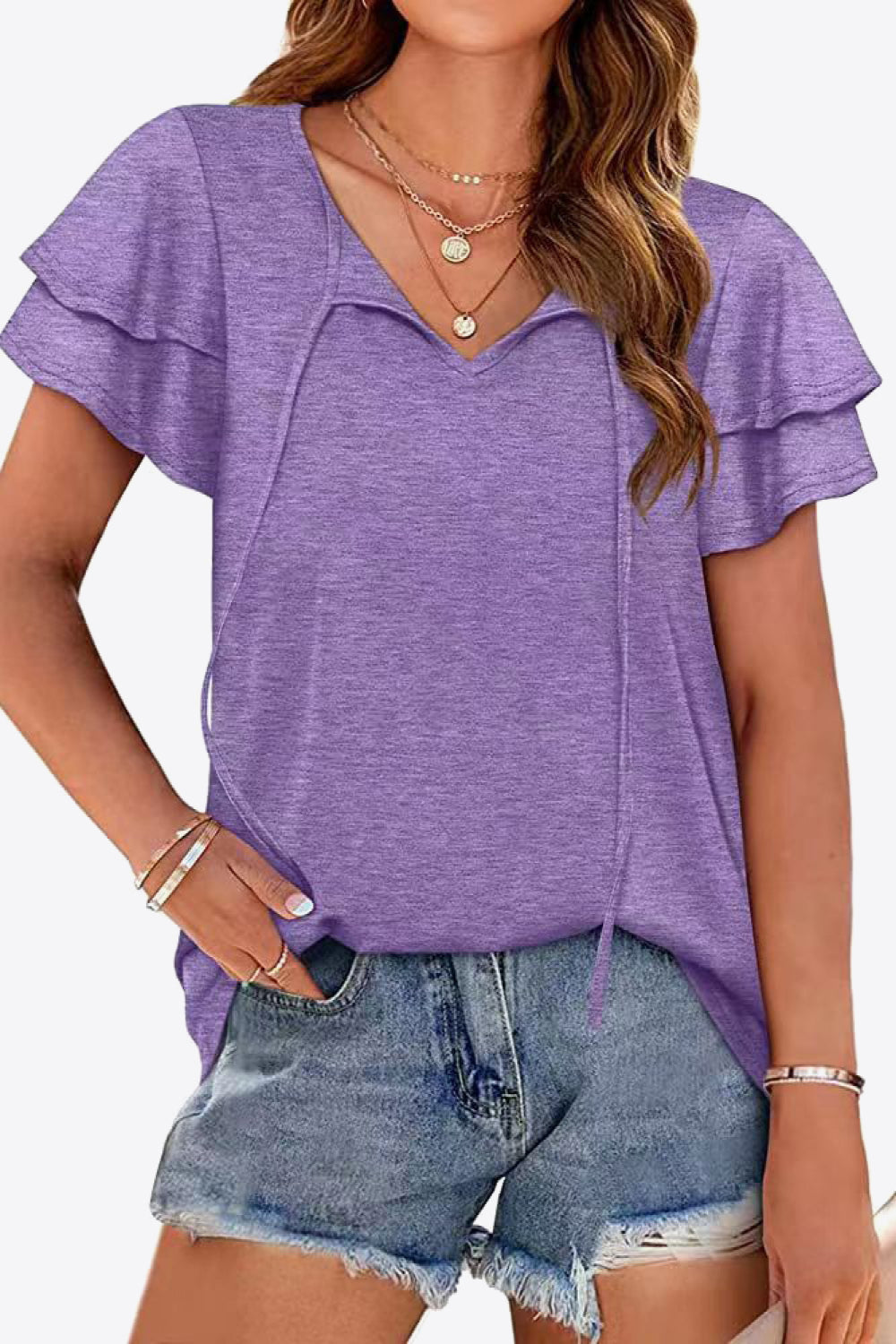 Tie-Neck Layered Flutter Sleeve Blouse - Dusty Purple - View 19