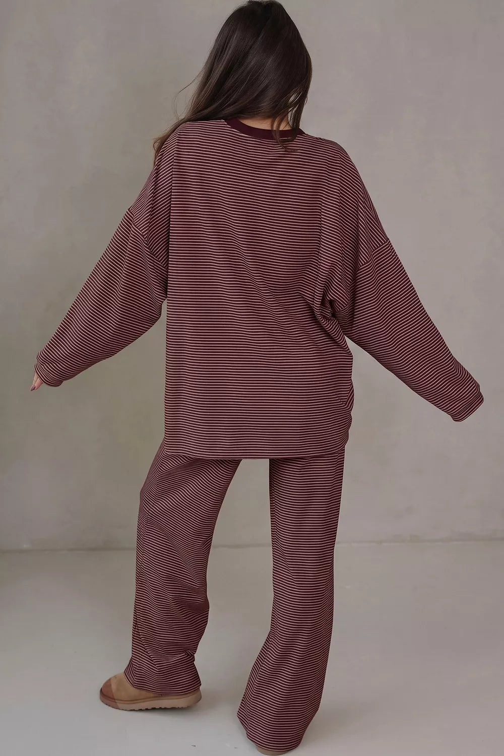 Striped Long Sleeve Top and Wide Leg Pants Set - Brown - View 2