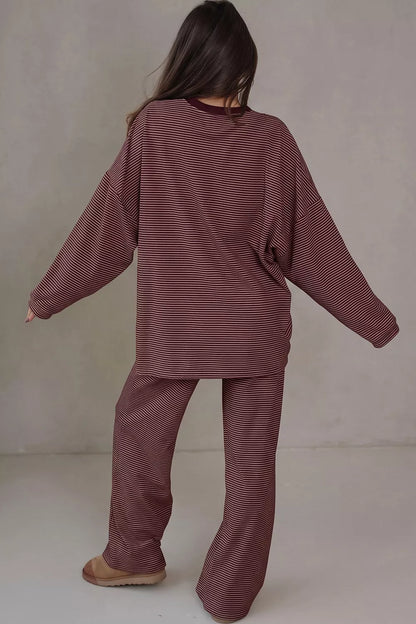 Striped Long Sleeve Top and Wide Leg Pants Set - Brown - View 2