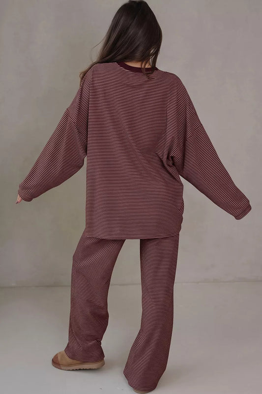 Striped Long Sleeve Top and Wide Leg Pants Set - Brown - View 2