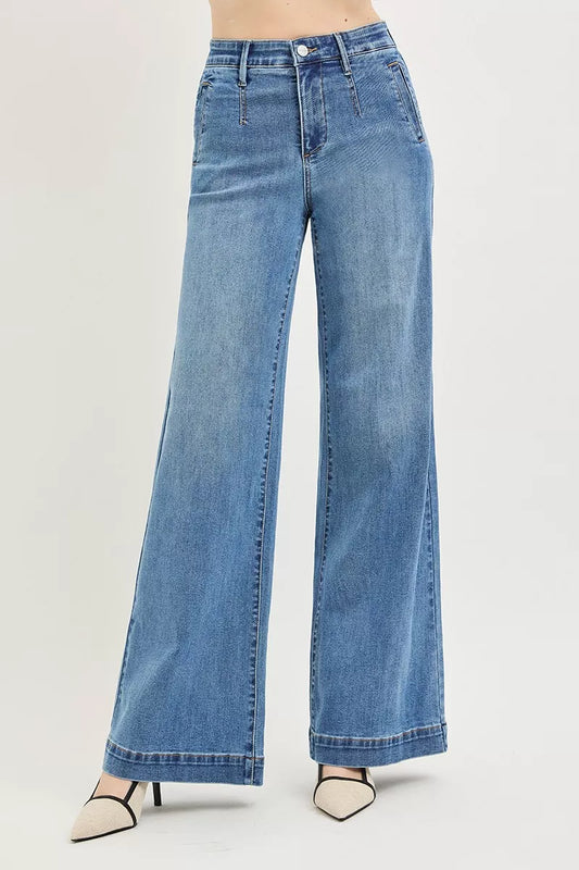 RISEN Tummy Control Elastic Band High Rise Wide Jeans - product photo 1