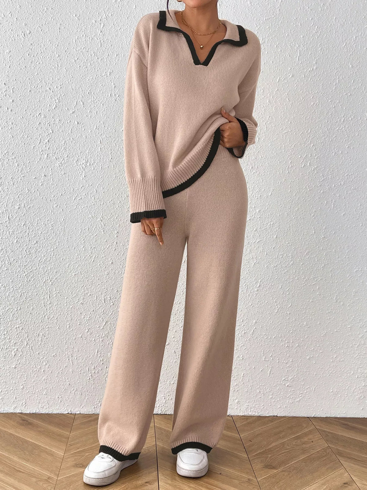 Contrast Trim Polo Collar Top and Pants Sweater Set - Dust Storm - View 4