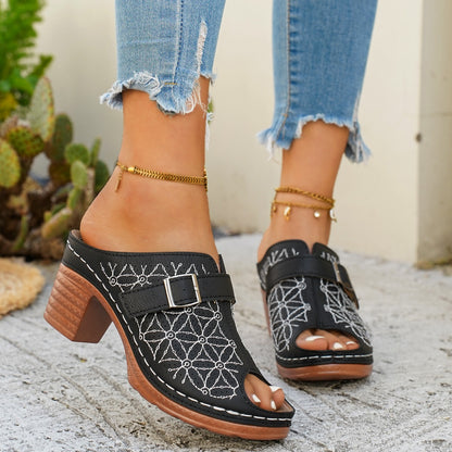 Buckle Decor Block Heel Sandals - Black - View 6