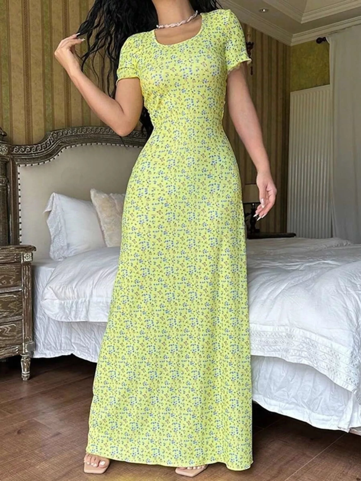 Floral Print Short Sleeve Maxi Dress - Yellow - View 2
