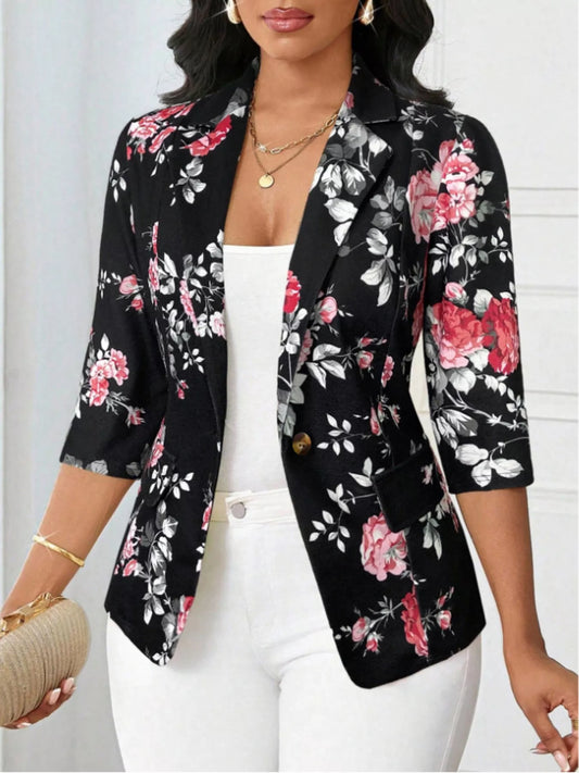 Floral Print One Button Casual Blazer - Black - View 1