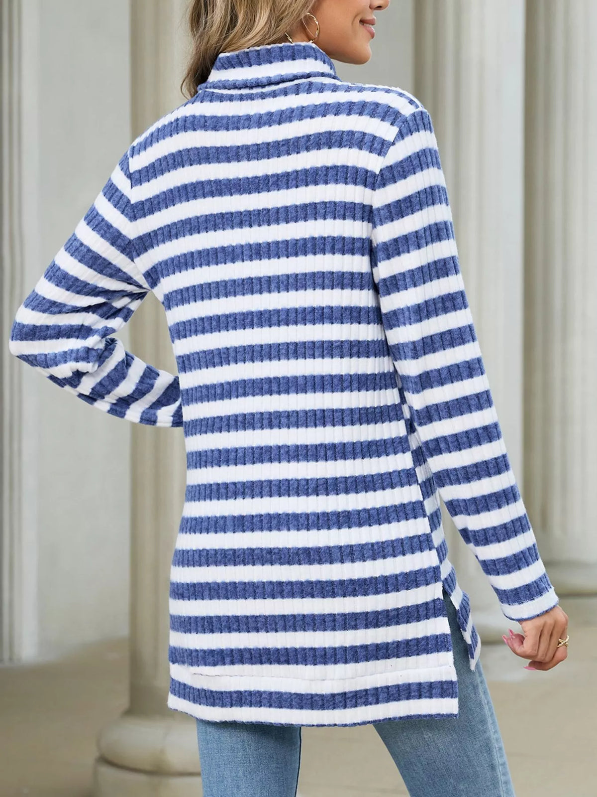Striped Ribbed Knit Turtleneck Long Sleeve T-Shirt - Blue - View 6
